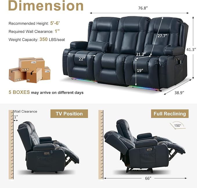 URRED Power Loveseat Recliner Sofa with Massage and Heat, Wall Hugger Reclining Loveseat with Console, RV Couch Home Theater Seating with LED Lights for Living Room (Dark Blue, 76.8" - 3 Seats)