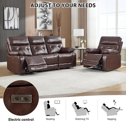 CANMOV Genuine Leather Power Recliner Sofa Set,Two Power Recliner Chair and Sofa Set, 3 Pieces Leather Couch with Hidden Cup Holders, USB Ports, for Living Room, Dark Brown