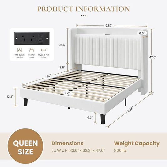 SHA CERLIN Queen Size Velvet Bed Frame with USB Charging Station, Wingback Storage Headboard, Upholstered Platform Bed with Wooden Slats Support, No Box Spring Needed, Easy Assembly, White