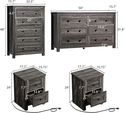 LUXOAK 5-Piece Bedroom Set, 1 X King Size Bed Frame, 2 X Nightstand Set with Charging Station, 1 X 5 Wood Drawer Dresser, 1 X Wood Rustic 6 Drawer Storage Dresser, Farmhouse Bedroom Furniture, Grey
