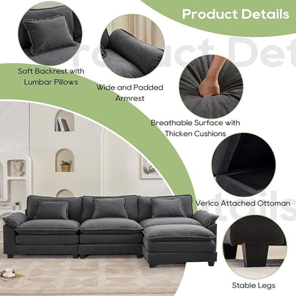 Oprisen 120" Modular Sectional Sofa, Comfy Cloud Couch Sectional Sofa with Ottoman, Velvet Sofa Sleeper Deep Seat Sofa with Throw Pillows for Living Room (Blue Gray, 120"- L Shape)