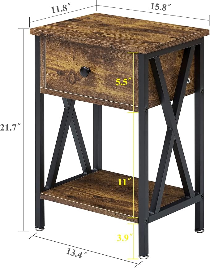 VECELO Nightstands Set of 2, Modern Bedside End Tables, Night Stands with Drawer and Storage Shelf for Living Room Bedroom, Industrial Metal Frame