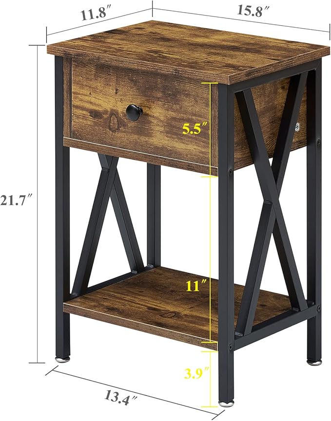 VECELO Nightstand,Modern Bedside End Table, Night Stand with Drawer and Storage Shelf for Living Room Bedroom, Industrial Metal Frame