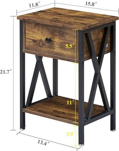 VECELO Nightstand,Modern Bedside End Table, Night Stand with Drawer and Storage Shelf for Living Room Bedroom, Industrial Metal Frame