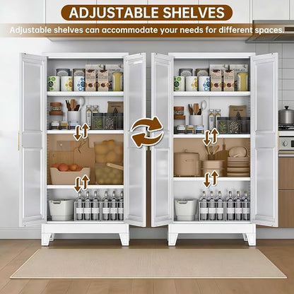 61.4" White Metal Pantry Storage Cabinet, Farmhouse Kitchen Cupboard with 3 Adjustable Shelves, Magnetic Closure, Anti-Tip Kit & Moisture-Proof Legs for Kitchen, Living Room, Assembly Required