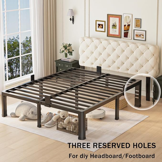 18 inch King Size Bed Frame with Round Corner Legs and Headboard Hole Mattress Slide Stopper 3500 lbs Heavy Duty Metal Platform,Steel Slat Support,No Box Spring Needed,Easy Assembly,Noise Free