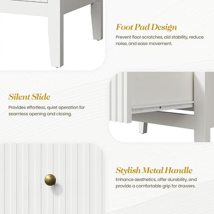 RoyalCraft White Fluted 5 Drawer Dresser for Bedroom, Tall Chest of Drawers, Waterproof Lacquered Desktop,Modern Wood Storage Cabinet for Living Room