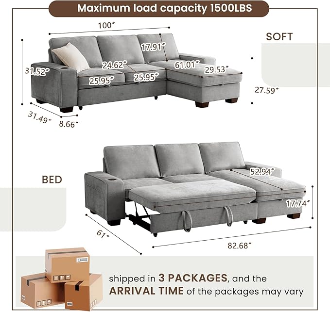 99" Convertible Sleeper Sofa Bed,L Shaped with Storage Chaise Pull Out Couch for Living Room,USB and Type-C,Removable Washable Chenille Covers (Gray)