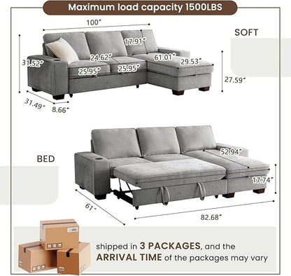 99" Convertible Sleeper Sofa Bed,L Shaped with Storage Chaise Pull Out Couch for Living Room,USB and Type-C,Removable Washable Chenille Covers (Gray)