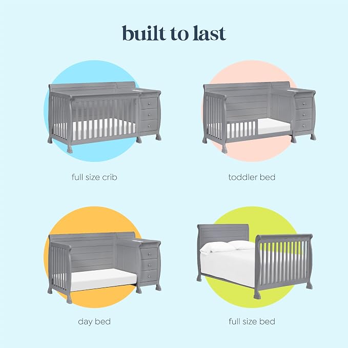 Davinci Kalani 4-in-1 Convertible Crib & Changer Combo, Gray | GREENGUARD Gold Certified, Converts to Toddler Bed, Daybed & Full-Size Bed, 4 Adjustable Mattress Heights, Easy to Assemble