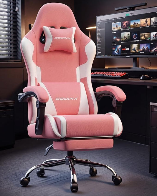 Dowinx Ergonomic Gaming Chair with Footrest & Massage Lumbar, 2D-Linkage Armrests for Computer Chair 330lbs with Headrest Pillow for Office, Home, Streaming and Long Gaming Sessions, Fabric Pink White