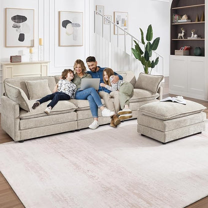 111.5" Modular Sectional Sofa, Large L Shaped Sectionals Cloud Couch, Big Comfy 3-Seat Couch with Ottoman, 4 Seater Chenille Sectional Sofa with Deep Seat and 5 Pillows for Living Room- Camel