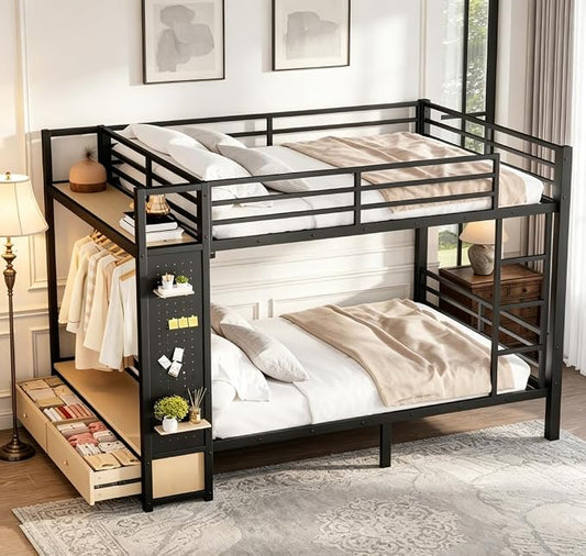 Bellemave Bunk Bed Queen Over Queen,Metal Bunk Beds with Shelf and Guardrails and Storage Drawers and Clothes Hooks for Kids, Teens & Adults（Black）