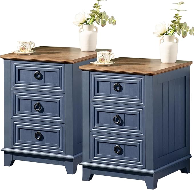 Joaxswe Night Stand Set of 2, Farmhouse 18" End Table with 3 Drawer Metal Handle, Dresser for Bedroom, Sofa Bed Side Table Chest of Drawers,Wood Nightstand Cabinet for Organizer, Living Room-Blue