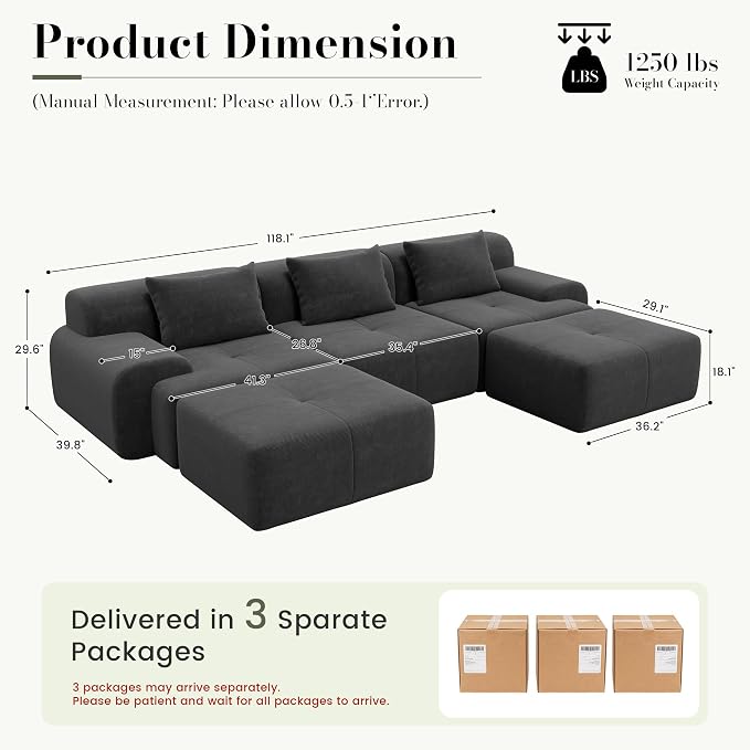 GRUSIGN 118'' Modular Sectional Oversized Boneless Couch, Tufted Cloud Sectional Couches for Living Room, U Shape Deep Seat Sofa with 2 Ottoman & 3 Throw Pillows,Corduroy Couch,Dark Grey