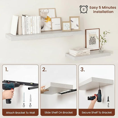 Vivelove 12 Inch Deep Floating Shelves 55 inch Long, 2 Inch Thick Wall Shelves with Invisible Brackets, Shelf for Bedroom Bathroom Living Room Kitchen Office Home, Modern Shelf Set of 2, White Birch