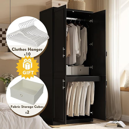 MEISSALIVVE Armoire Wardrobe Closet with 4 Door, 74.8" Large Wardrobe Cabinet with Hanging Rod, Freestanding Modern Bedroom Armoire Storage Cabinet, Black