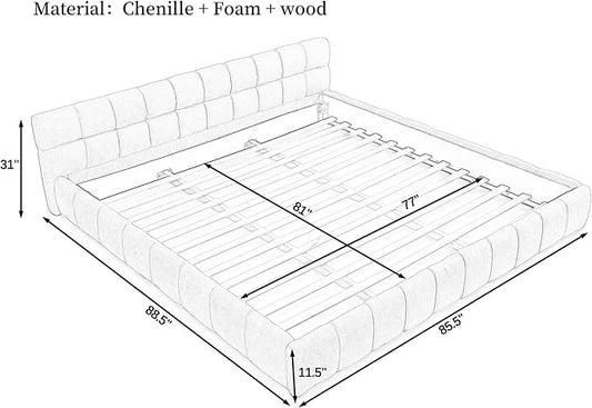KEIKI King Thick Chenille Platform Bed Frame with Upholstered Tufted Headboard, Modern Solid Wood Floor Platform for Bedroom, No Box Spring Needed