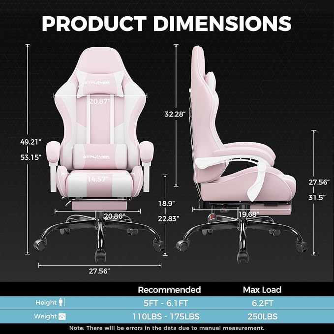 GTPLAYER Gaming Chair with Footrest, Computer Chair with and Lumbar Support, Height Adjustable Game Chair with 360°-Swivel Seat and Headrest and for Office or Gaming (Pink-Fabric)