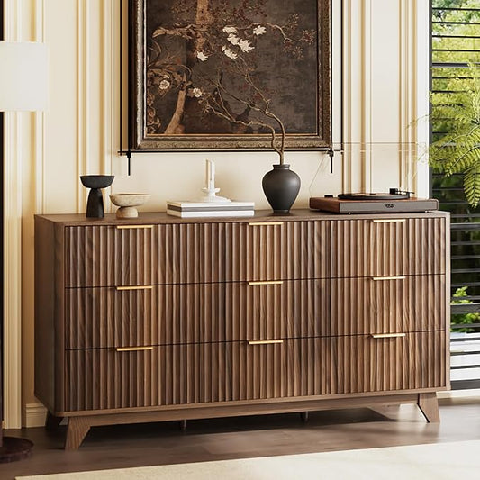 VINGLI Fluted Walnut Dresser 9 Drawer, Dark Wood Dresser Brown with Rounded Edges, 57" Long Mid Century Modern Dressers for Bedroom, 57" W*15.75" D*29.92" H