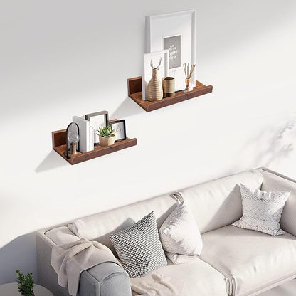 Muzilife 12" Small Floating Wall Ledge Shelves with Lip - Set of 4 Wood Floating Shelves - Walnut Brown Wall Mounted Picture Ledge for Office, Bathroom, Bedroom, Living Room, Kitchen
