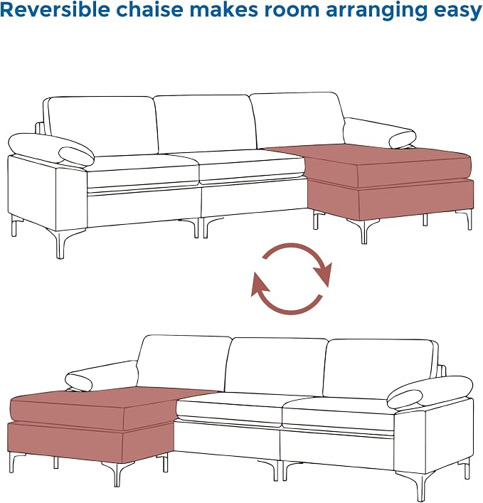 VANOMi Faux Leather Couch for Living Room, 100" Sofas & Couches with Convertible Chaise 3-Seater Sectional Sofas for Living Room, Apartment, Office, Brown | Right/Left L-Shaped