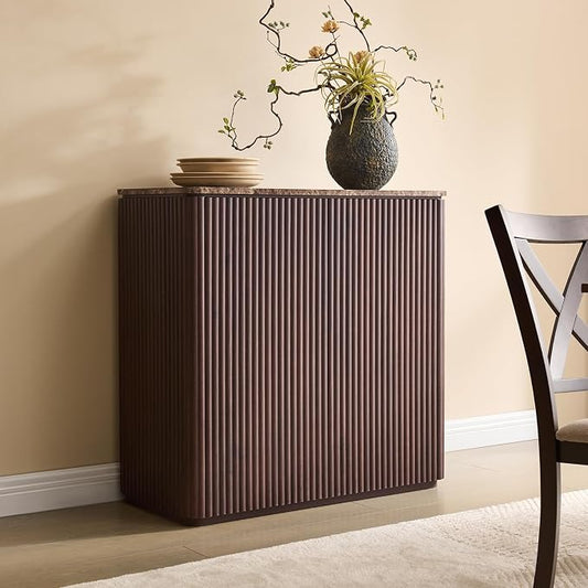 Fluted 2 Doors Sideboard Cabinet with Storage, 34" Wooden Credenza with Shelves, Faux Marble-Top Coffee Bar Console Table, Modern Buffet Cabinet for Dining, Kitchen, Living Room, Entryway, Dark Oak