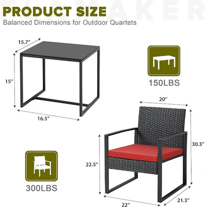 Flamaker 3 Pieces Wicker Patio Furniture Outdoor Modern Rattan Chair Conversation Sets with Coffee Table for Yard and Bistro (Red)