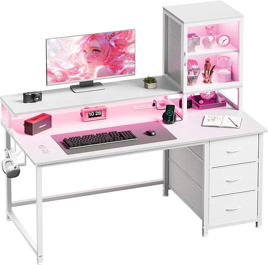 DurayLoly 55" White Computer Desk with 2 Acrylic Cabinet & 3 Fabric Drawers | Integrates Ample Storage & Display, Great Fit for Small Spaces, Outlets Suitable for Studying, Working & Gaming Equipments