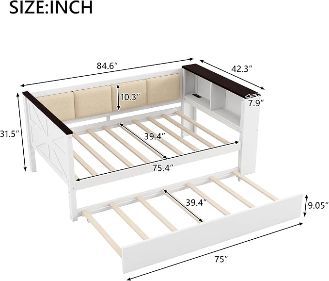 Bellemave Twin Size Corner Bed Frame with Storage Shelves and Trundle, Wood Twin Daybed with Bookcase and USB and Upholstered Backrest, White