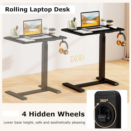 Tangkula Mobile Standing Desk, Pneumatic Height Adjustable Rolling Desk with Cup Holder & Headphone Hook, Overbed Table with Hidden Wheels, Laptop Computer Cart for Couch, Home, Office (Black)