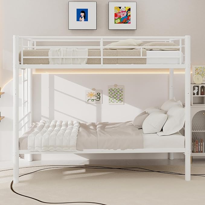 HRVEOCEI 2-Way Convertible Twin Over Twin Bunk Bed with Guardrail & Ladders, Metal Low Bunkbed for Kids Boys Girls, Heavy Duty, No Box Spring Needed, Space-Saving (White, No Trundle)