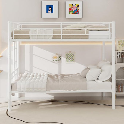 HRVEOCEI 2-Way Convertible Twin Over Twin Bunk Bed with Guardrail & Ladders, Metal Low Bunkbed for Kids Boys Girls, Heavy Duty, No Box Spring Needed, Space-Saving (White, No Trundle)