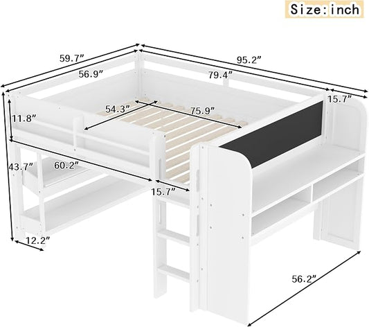 Bellemave Full Size Low loft Bed with Desk and bookcases, Boxes and Drawers for Kids,Wood Modern Farmhouse Kids Loft Beds with Shelf, White