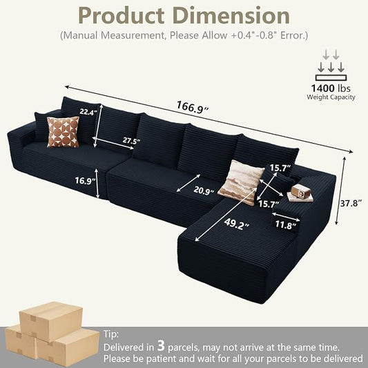 166.9" Cloud Sectional Couch with L-Shape Chaise, Upholstered Corduroy Couches Sleeper with Deep Seat, Modern Modular Comfy Sofa Chaise Longue for Living Room Bedroom, No Assembly Required, Black