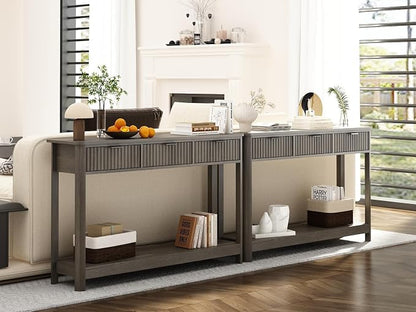 RUSTOWN Fluted Wood Console Table with 3 Drawers, 47.2" Modern Farmhouse Sofa Table & Entryway Table with Open Storage Shelf, Narrow Hallway Table for Living Room, Foyer and Hallway (Washed Oak)