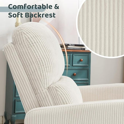 Swivel Rocker Recliner, Oversized Power Recliner Glider with Removable Cushion, Upholstered Corduroy Swivel Reclining Nursery Chairs for Living Room Bedroom, Cream White