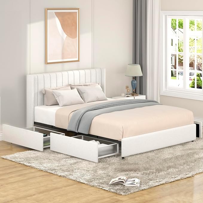 Ball & Cast Queen Size Bed Frame,Boucle Upholstered Platform Bed with 4 Drawers & Channel Tufted Headboard,Wooden Slats Support,No Box Spring Needed,Easy Assembly,Ivory
