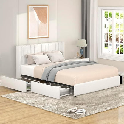 Ball & Cast Queen Size Bed Frame,Boucle Upholstered Platform Bed with 4 Drawers & Channel Tufted Headboard,Wooden Slats Support,No Box Spring Needed,Easy Assembly,Ivory