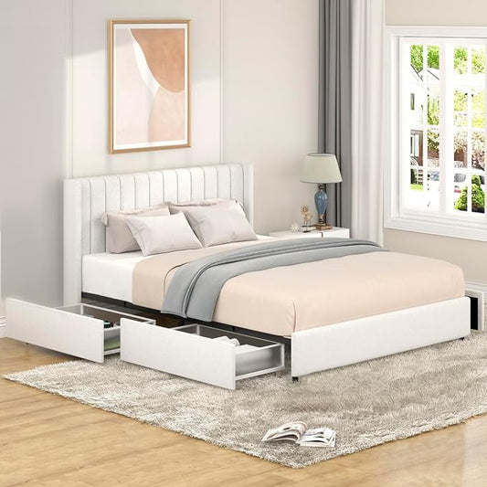 Ball & Cast Queen Size Bed Frame,Boucle Upholstered Platform Bed with 4 Drawers & Channel Tufted Headboard,Wooden Slats Support,No Box Spring Needed,Easy Assembly,Ivory