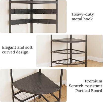 GiftGo Corner Hall Tree with Shoe Bench Entryway Coat Rack with 10 Metal Movable Hooks Freestanding Clothes Rack Shoes Shelf Organizer for Home Office Bedroom (Black)