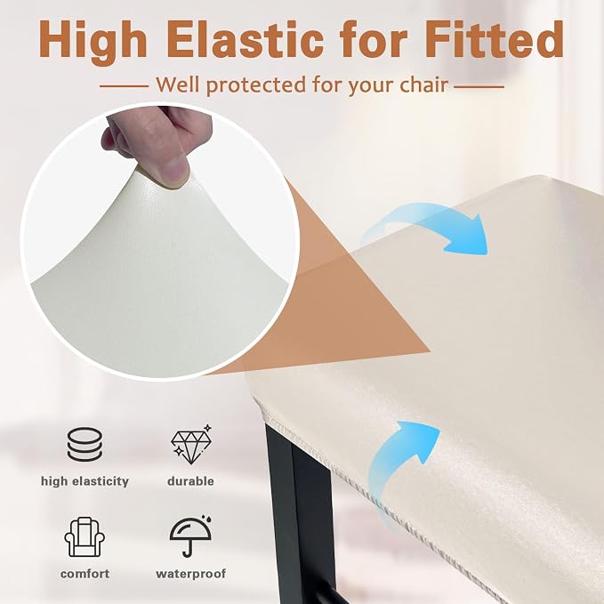 PU Leather Bar Stool Covers Rectangular, 100% Waterproof Stool Covers Rectangle Super Stretch 20% Thicker Leather Saddle Stools Cover Rectangular Counter Bar Stools with Elastic Band (6 PCS, Cream)
