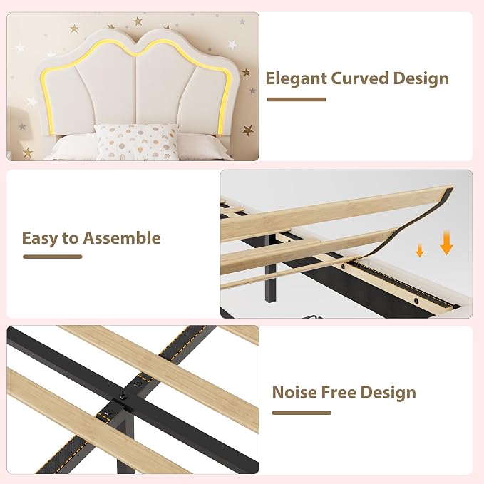 Garvee Twin Bed Frame with Storage, Upholstered LED Bed Frame with Headboard, Cute Velvet Platform Bed Frame for Kids, Girls, Solids Wood Slats Support, No Box Spring Needed, Easy Assembly, White