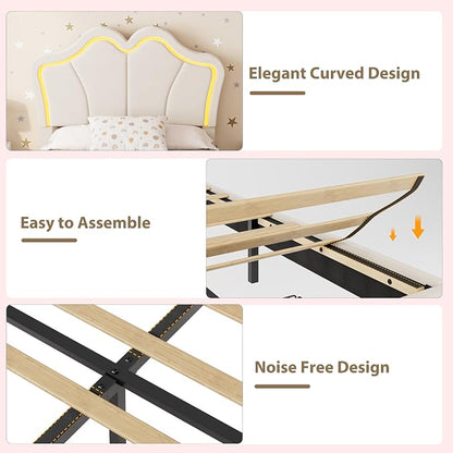 Garvee Twin Bed Frame with Storage, Upholstered LED Bed Frame with Headboard, Cute Velvet Platform Bed Frame for Kids, Girls, Solids Wood Slats Support, No Box Spring Needed, Easy Assembly, White