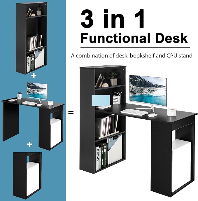 Tangkula Computer Desk with Bookshelf, Writing Study Desk with Storage Shelves & CPU Stand, Modern Compact Computer Workstation for Home & Office, Space-Saving Design (Black)