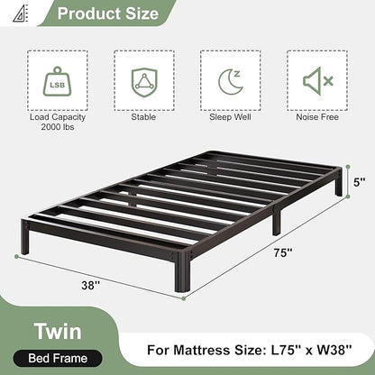 Lutown-Teen 5 Inch Low Twin Bed Frames with Rounded Corner Legs, 1000 LBS Heavy Duty Metal Twin Platform Bed Frame with Steel Slats Support, No Box Spring Needed, Noise Free, Easy Assembly