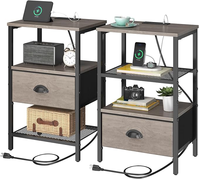sthmec Nightstands Set of 2, Night Stands with Charging Station and Fabric Drawer, Grey Bedside Tables with Drawers, 2- Tier Side Table with Storage, Nightstands with Charging Station,Grey