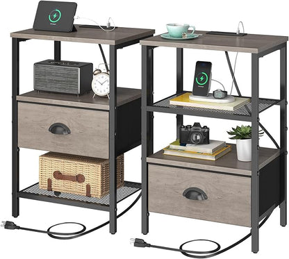 sthmec Nightstands Set of 2, Night Stands with Charging Station and Fabric Drawer, Grey Bedside Tables with Drawers, 2- Tier Side Table with Storage, Nightstands with Charging Station,Grey
