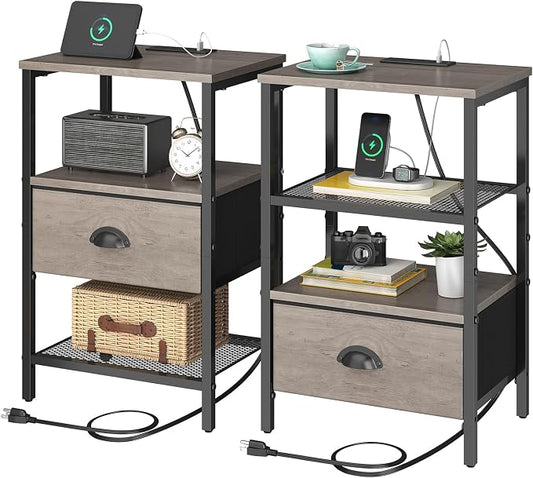 sthmec Nightstands Set of 2, Night Stands with Charging Station and Fabric Drawer, Grey Bedside Tables with Drawers, 2- Tier Side Table with Storage, Nightstands with Charging Station,Grey