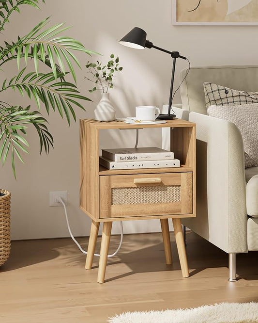 Aienvey Rattan Nightstand with Charging Station, Small Night Stand, Side Table with Drawer Open Shelf, Cane Accent Bedside End Table with Wood Legs, Modern Nightstand for Bedroom, Oak (Modern)